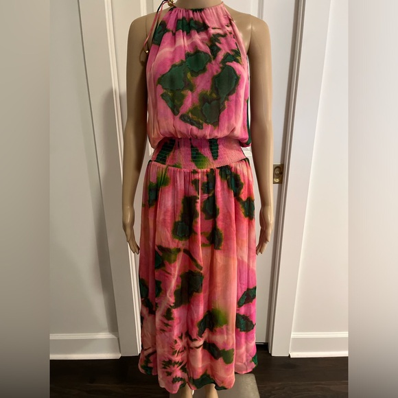 Pinko pink and green printed elastic waist halter maki dress - Picture 1 of 5